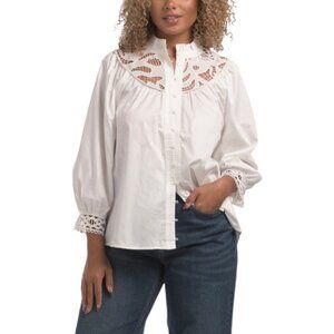 ELIE TAHARI Ruffle Collar With Wide Stitched Placket With Inset Lace